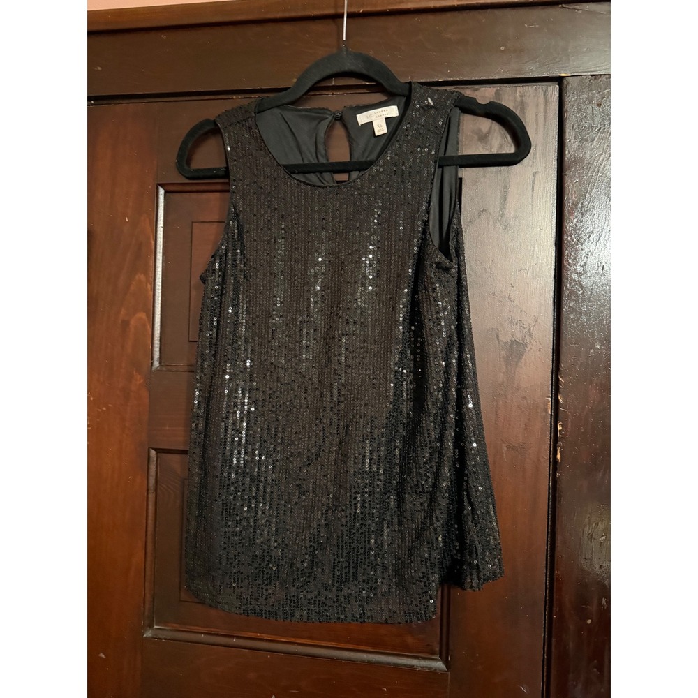 LC Lauren Conrad Black Sequin Sleeveless Keyhole Back Blouse Top XS